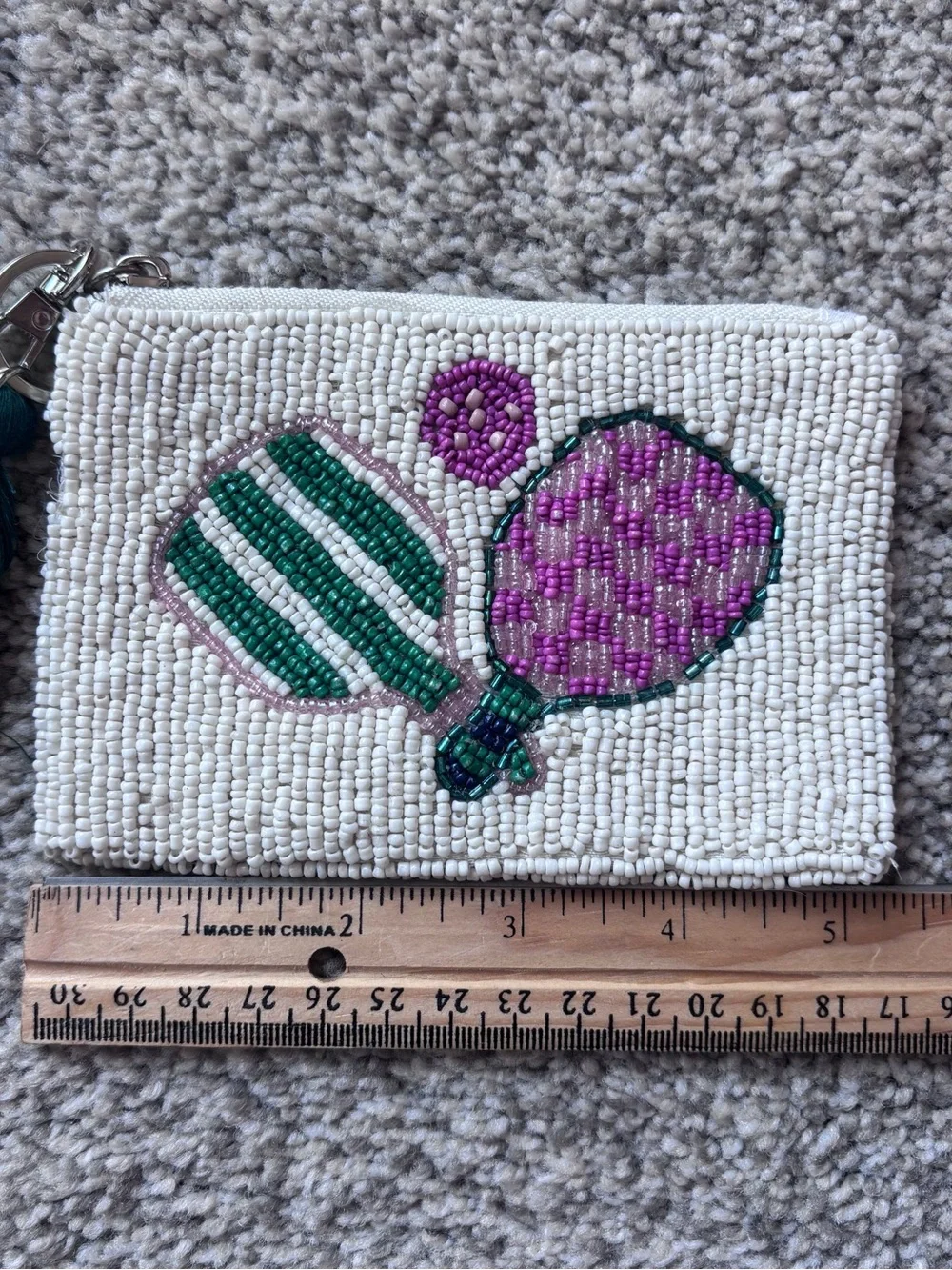 Sol & Mer White Beaded Pickleball Wallet with Green Tassel and Purple